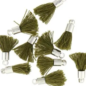 10mm Olive Green Fabric Tassel with Silver Cap (10 Pieces)
