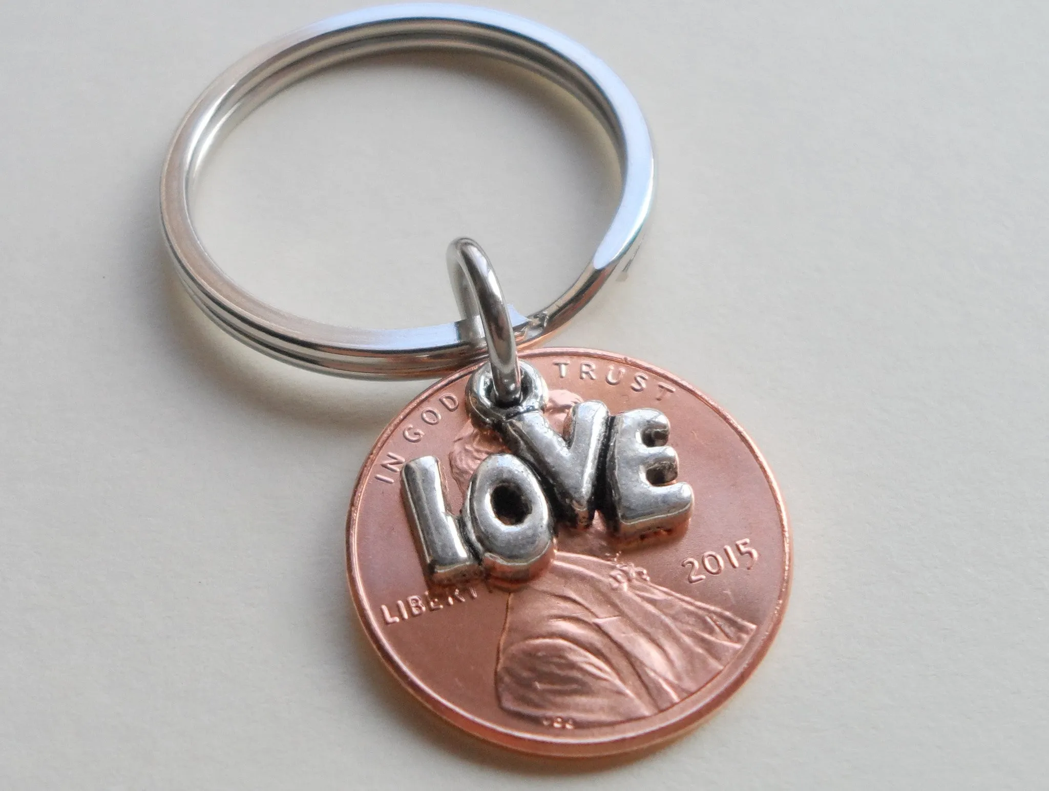 2015 Penny Keychain with Love Charm Layered Over; 10 Year Anniversary Gift, Couples Keychain