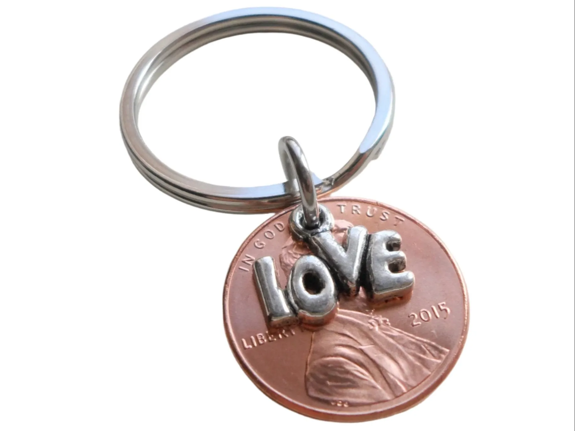 2015 Penny Keychain with Love Charm Layered Over; 10 Year Anniversary Gift, Couples Keychain