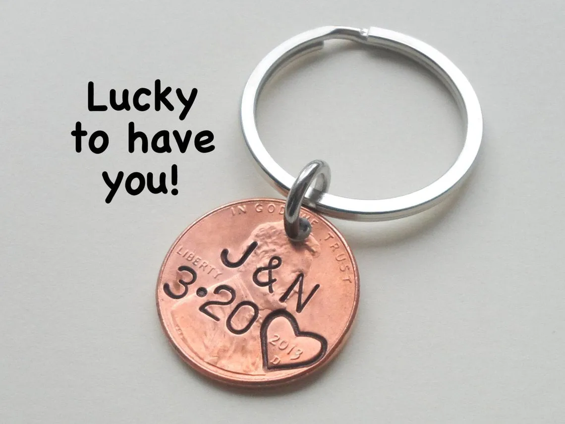 2017 Penny Keychain with Heart Around Year; 8 Year Anniversary Gift, Couples Keychain