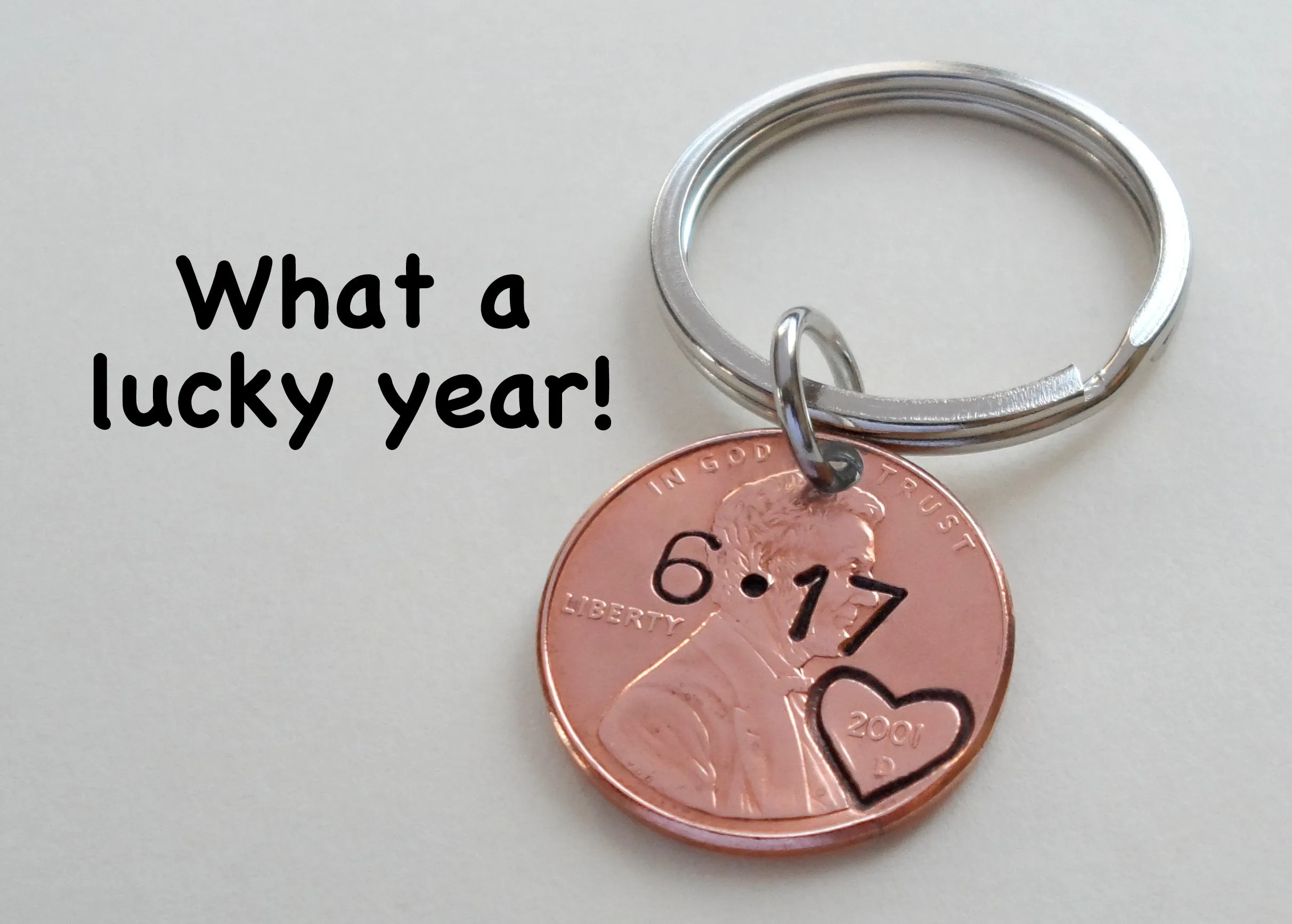 2017 Penny Keychain with Heart Around Year; 8 Year Anniversary Gift, Couples Keychain