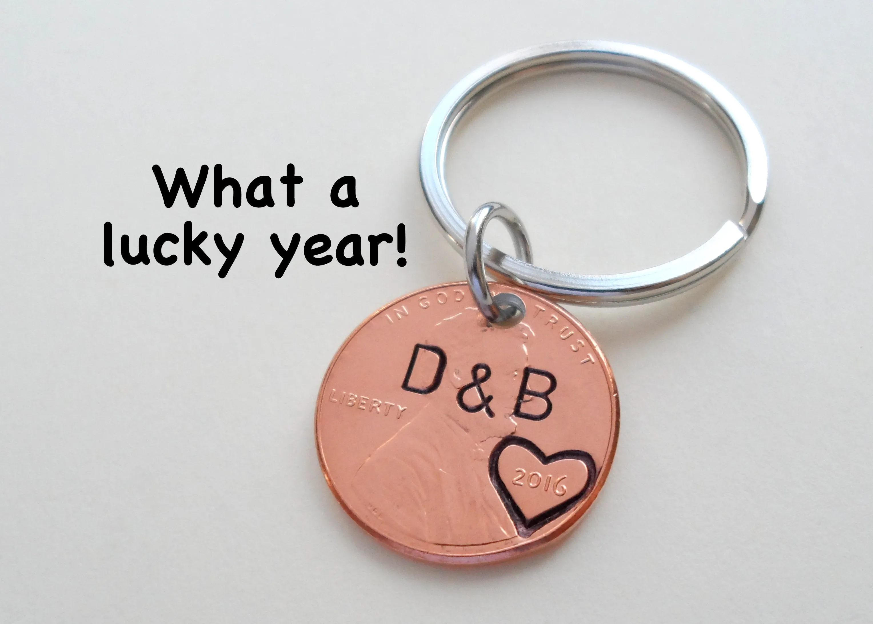 2017 Penny Keychain with Heart Around Year; 8 Year Anniversary Gift, Couples Keychain