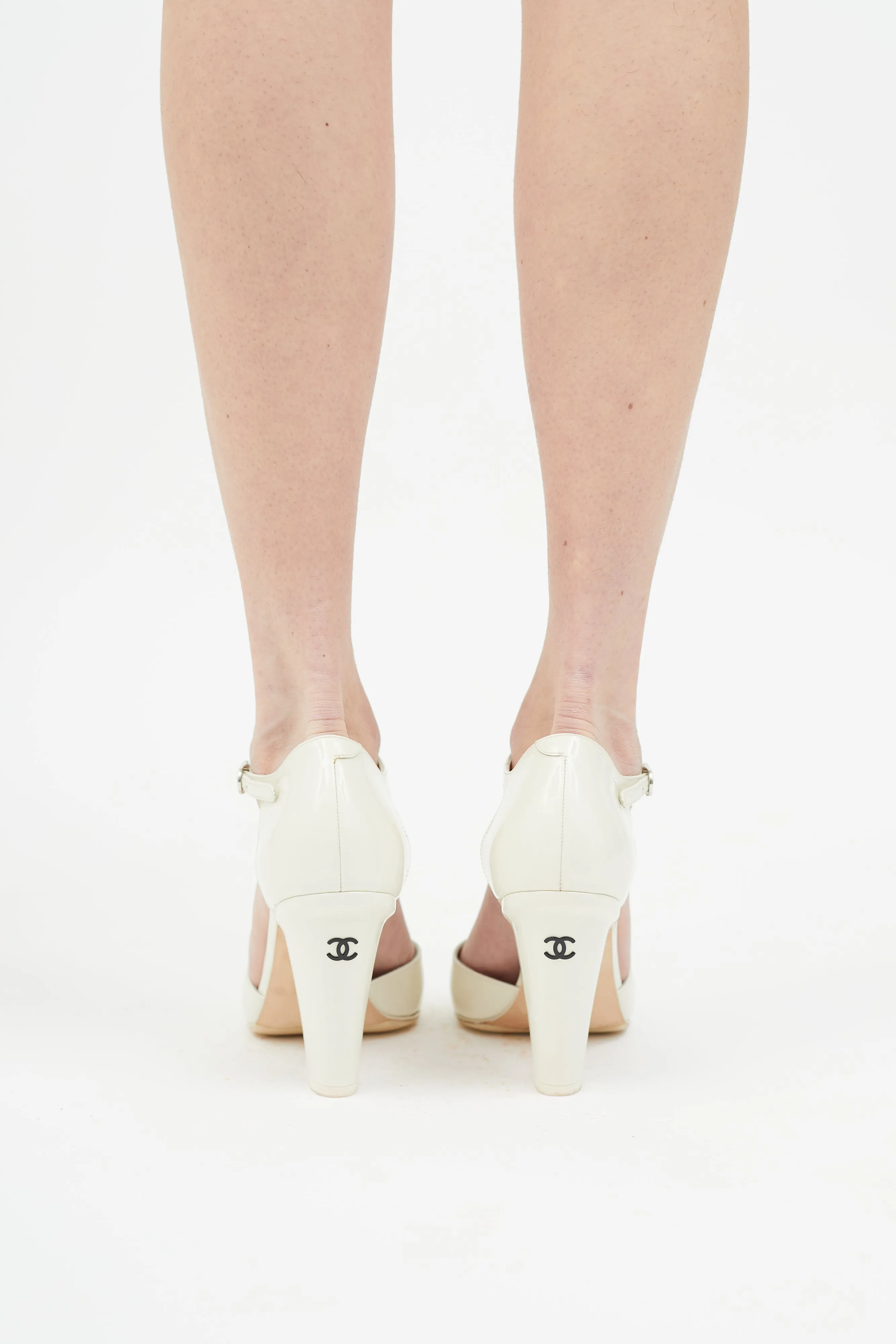 2022 Cream Patent Leather CC Logo Ankle Strap Pump