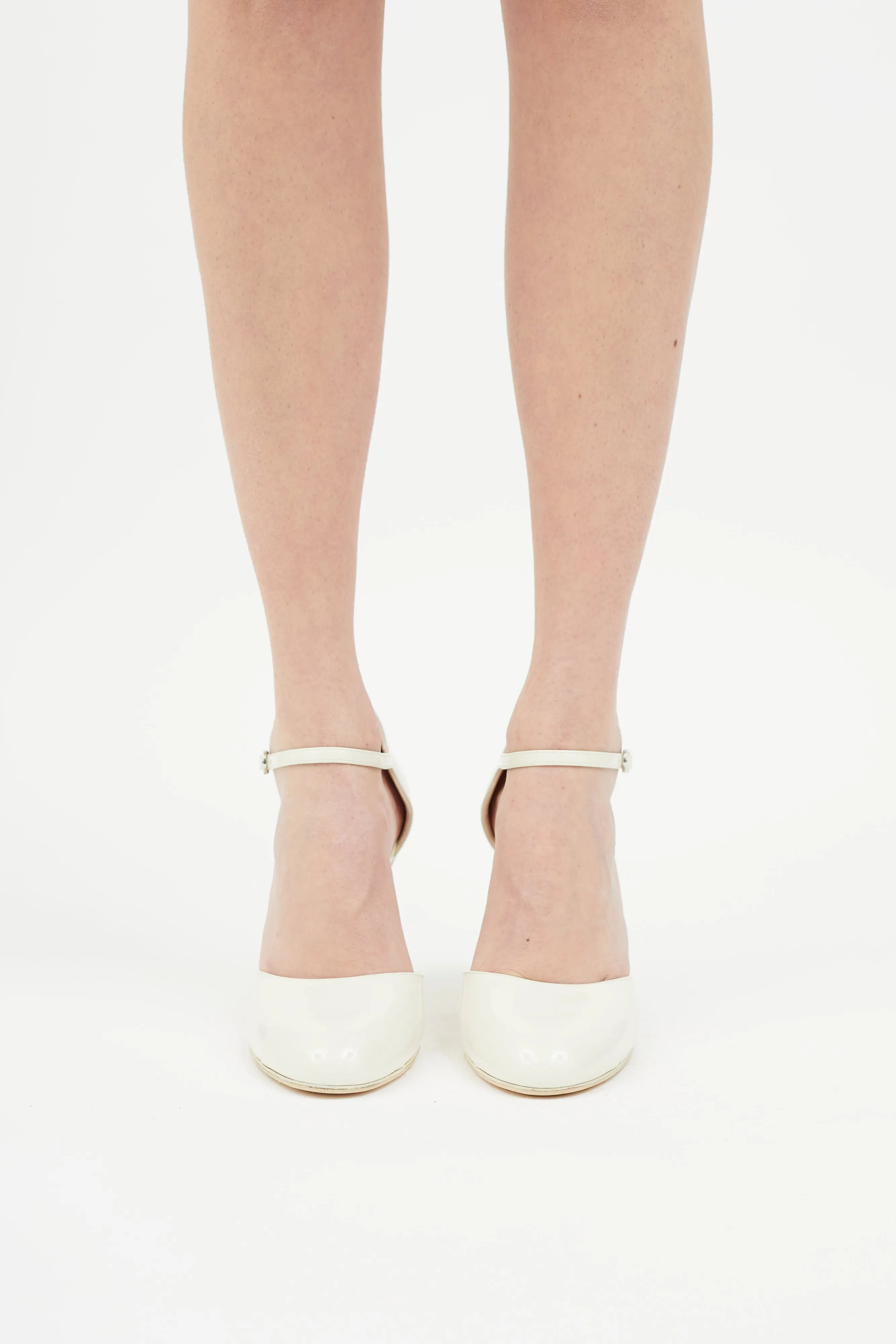 2022 Cream Patent Leather CC Logo Ankle Strap Pump