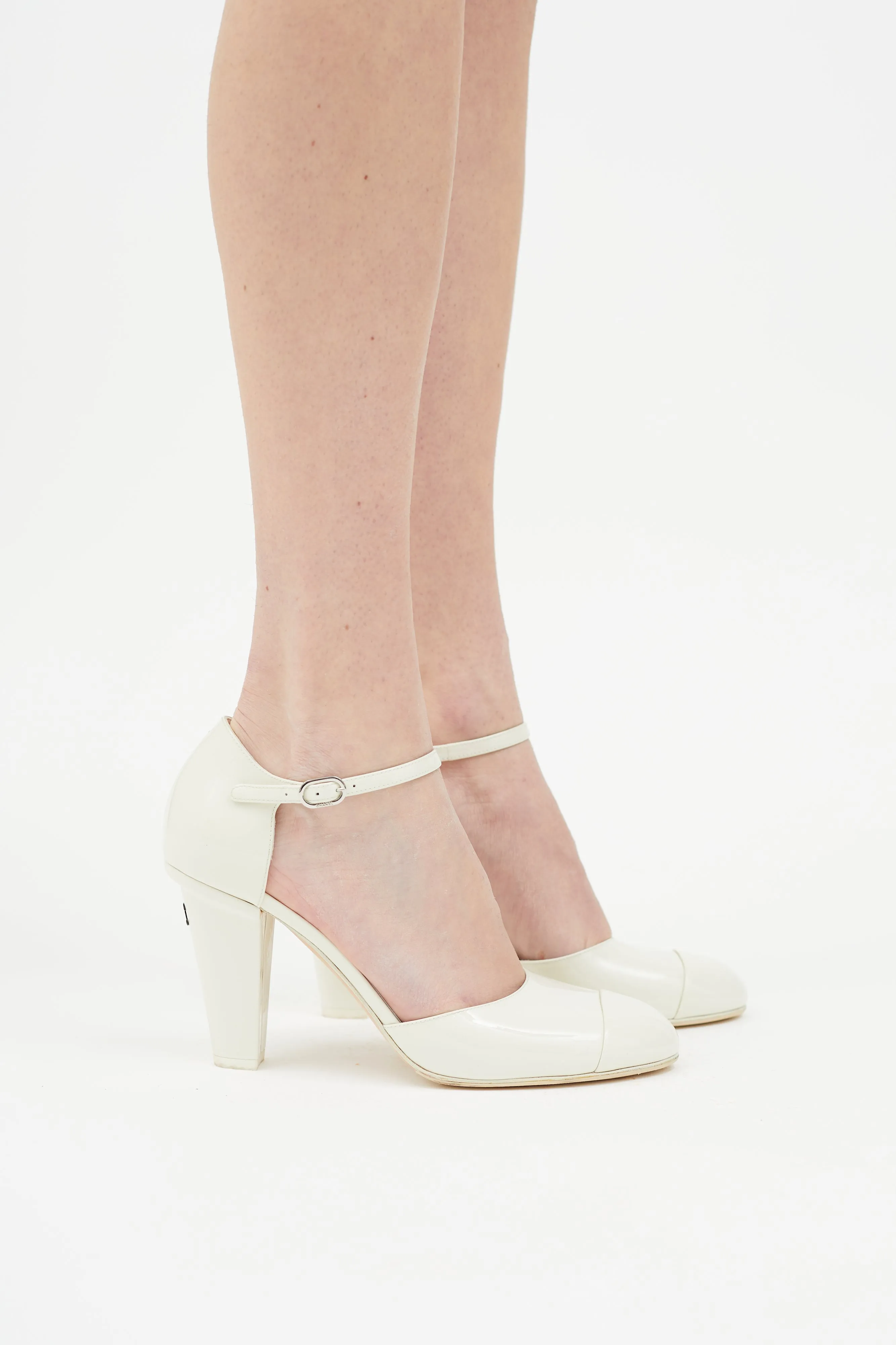 2022 Cream Patent Leather CC Logo Ankle Strap Pump