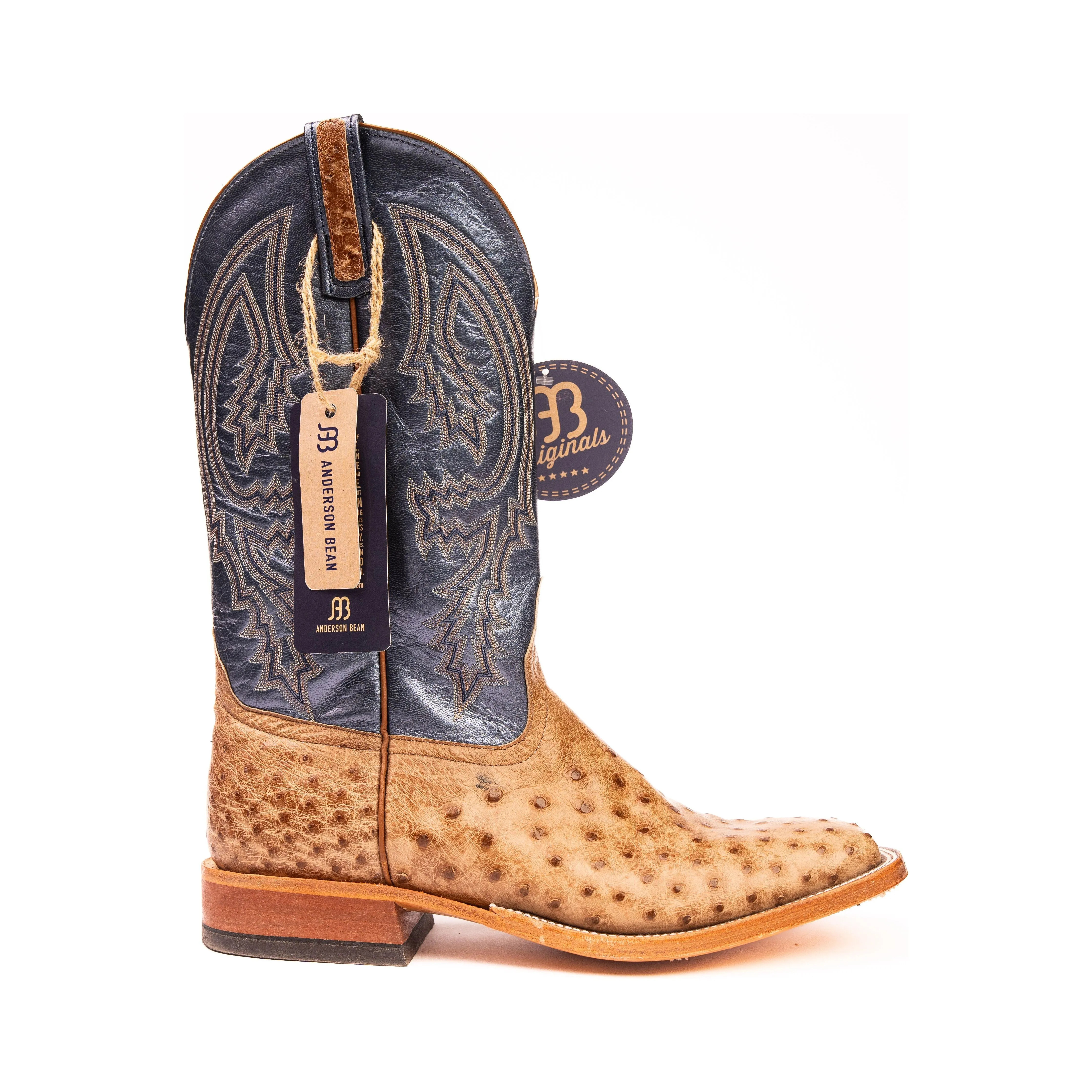 Anderson Bean Rum Brown Glazed Full Quill Ostrich with Regal Blue Top