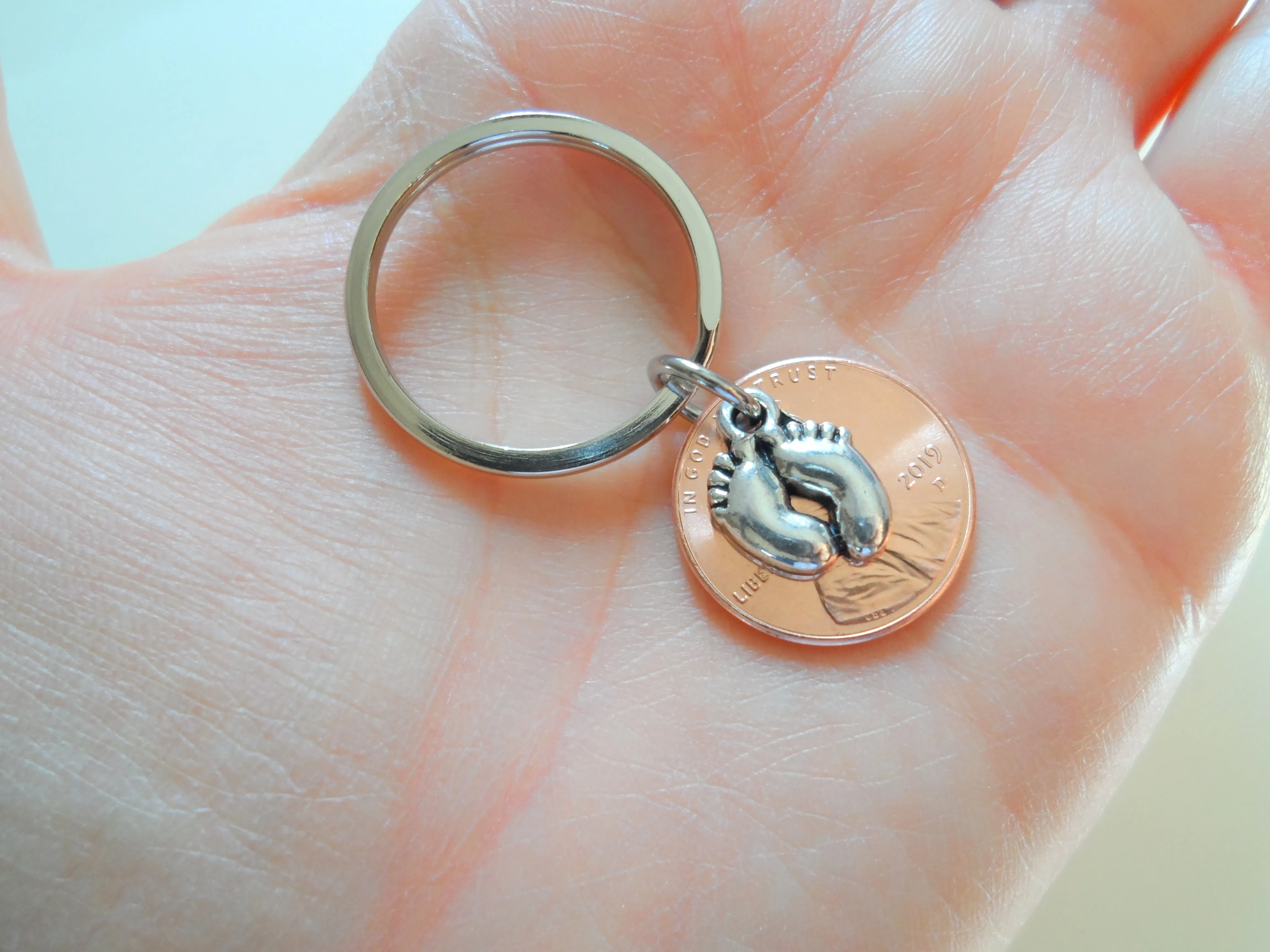 Baby Feet Charm Layered Over Penny Keychain Mother's Keychain, Father's Keychain, Select Penny Year