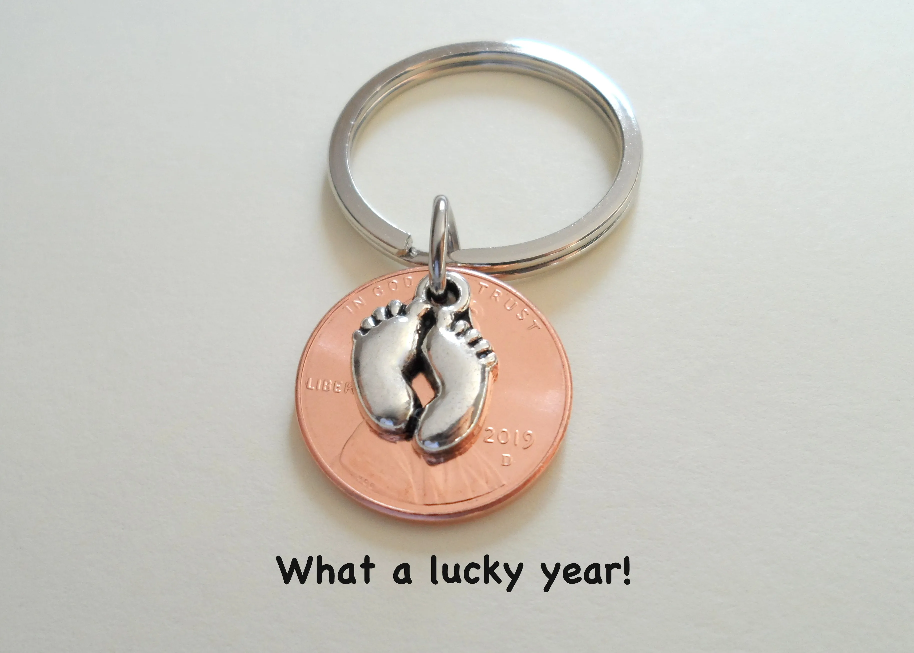 Baby Feet Charm Layered Over Penny Keychain Mother's Keychain, Father's Keychain, Select Penny Year
