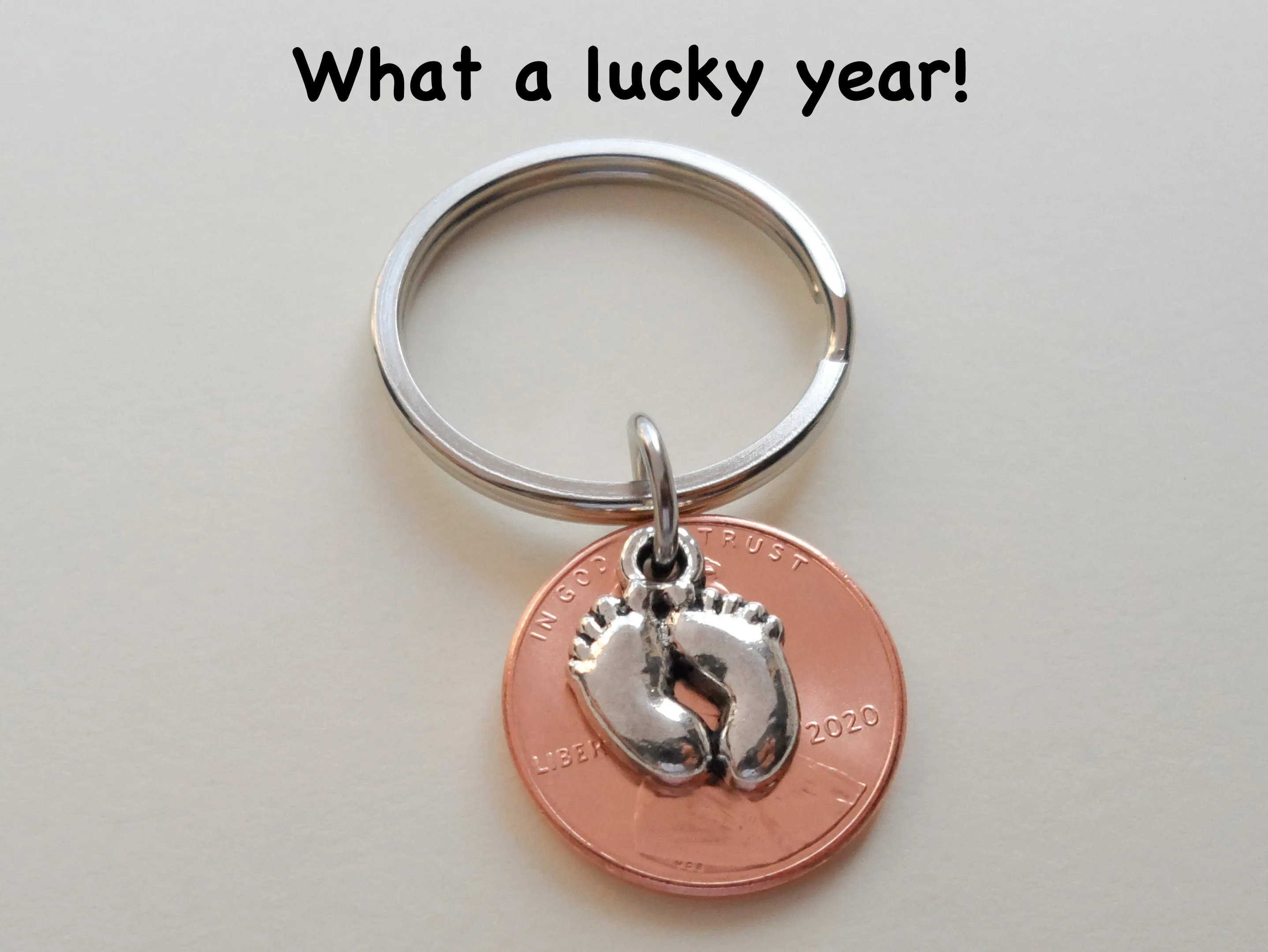 Baby Feet Charm Layered Over Penny Keychain Mother's Keychain, Father's Keychain, Select Penny Year