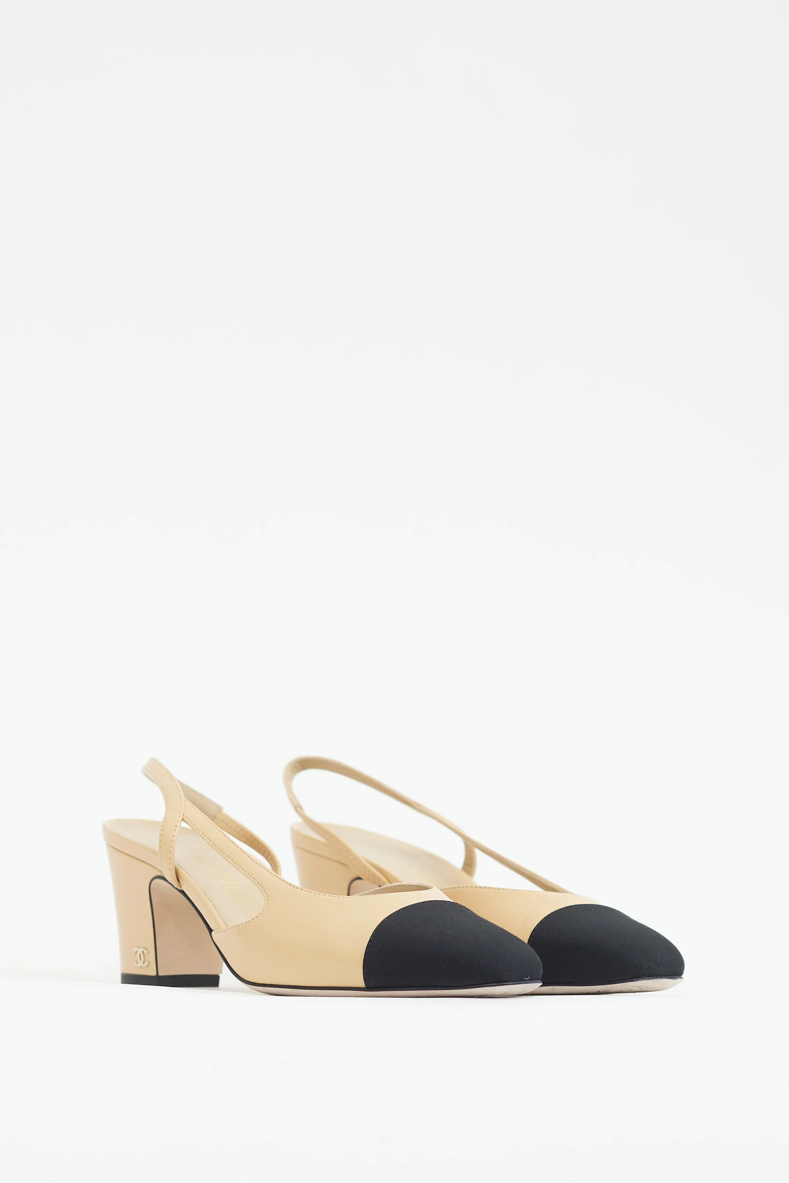 Beige & Black Leather Slingback Pump