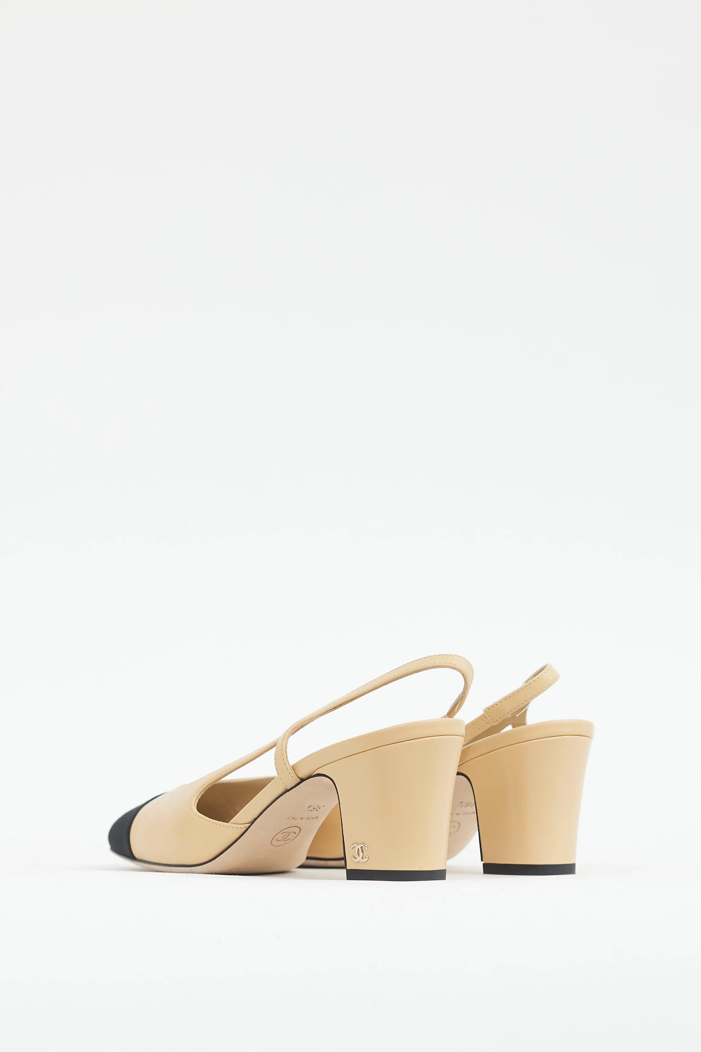 Beige & Black Leather Slingback Pump