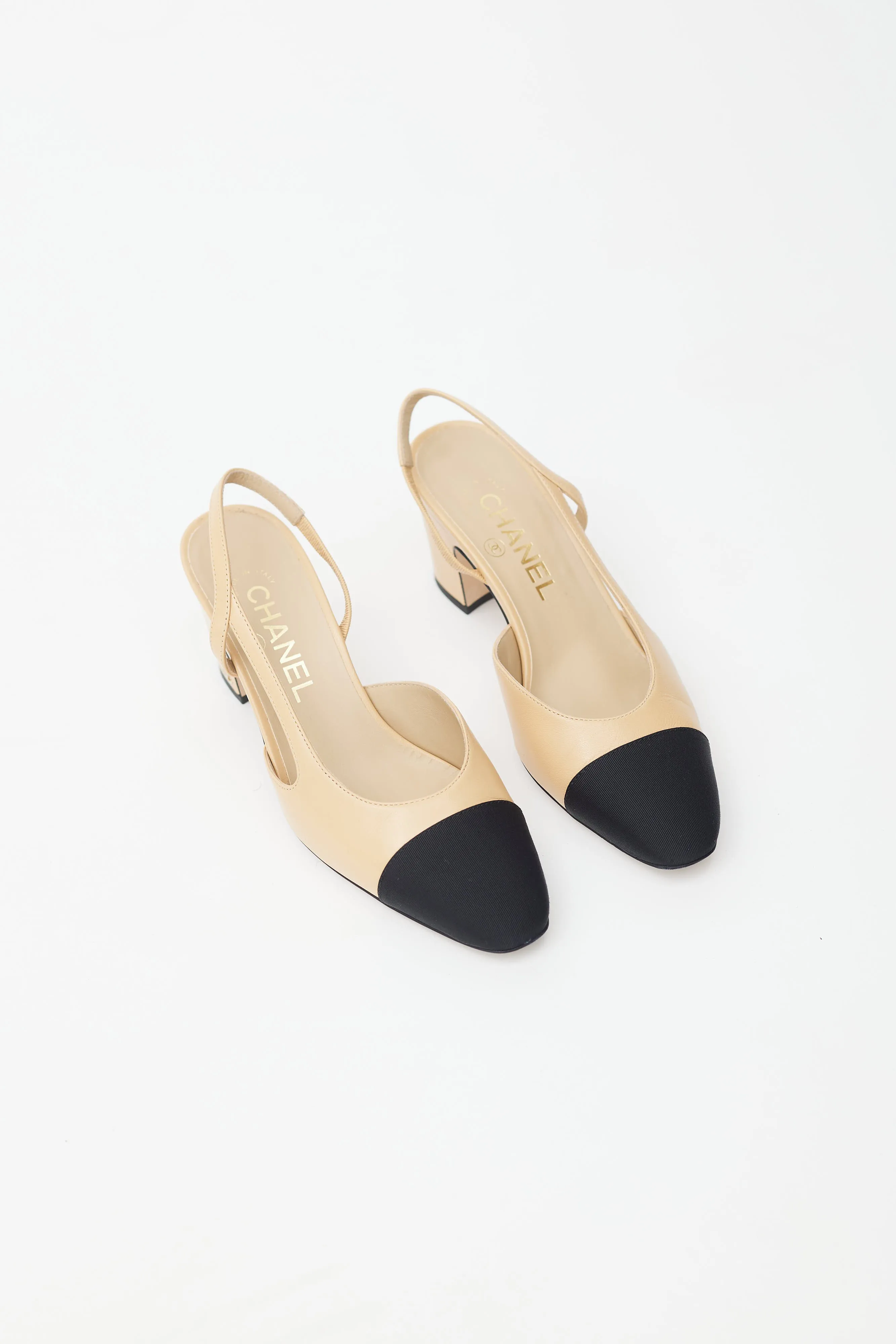 Beige & Black Leather Slingback Pump