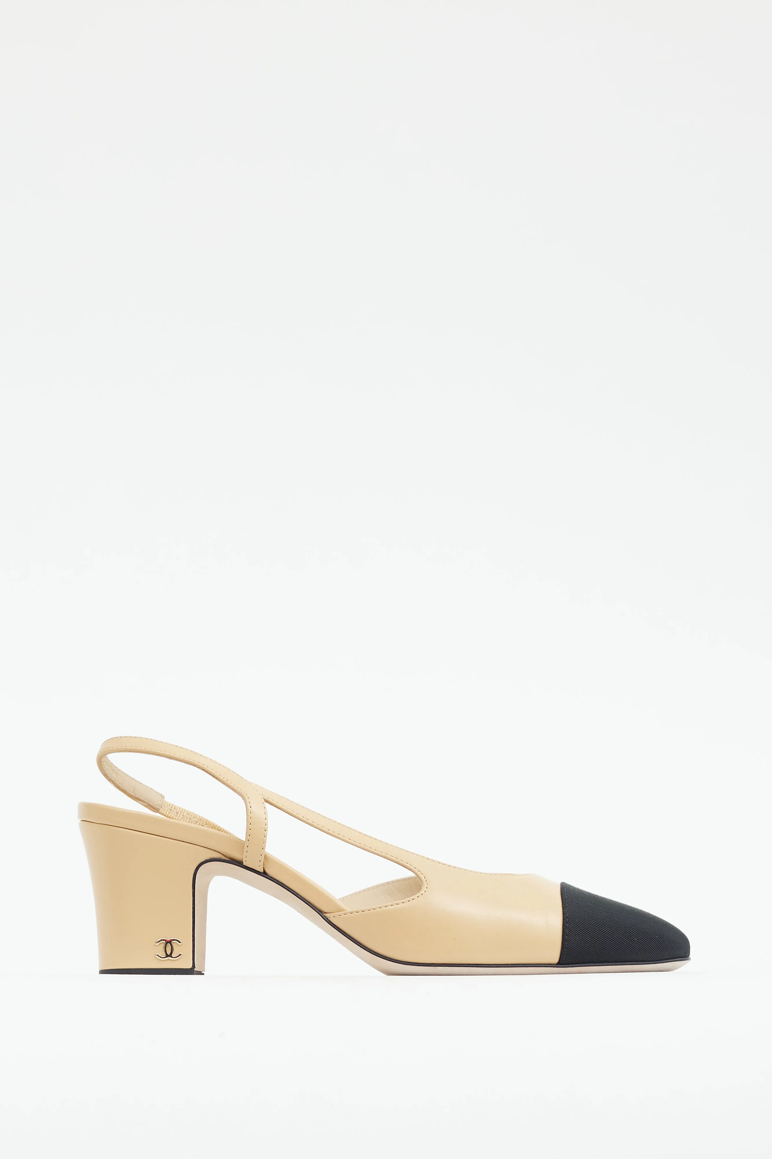 Beige & Black Leather Slingback Pump