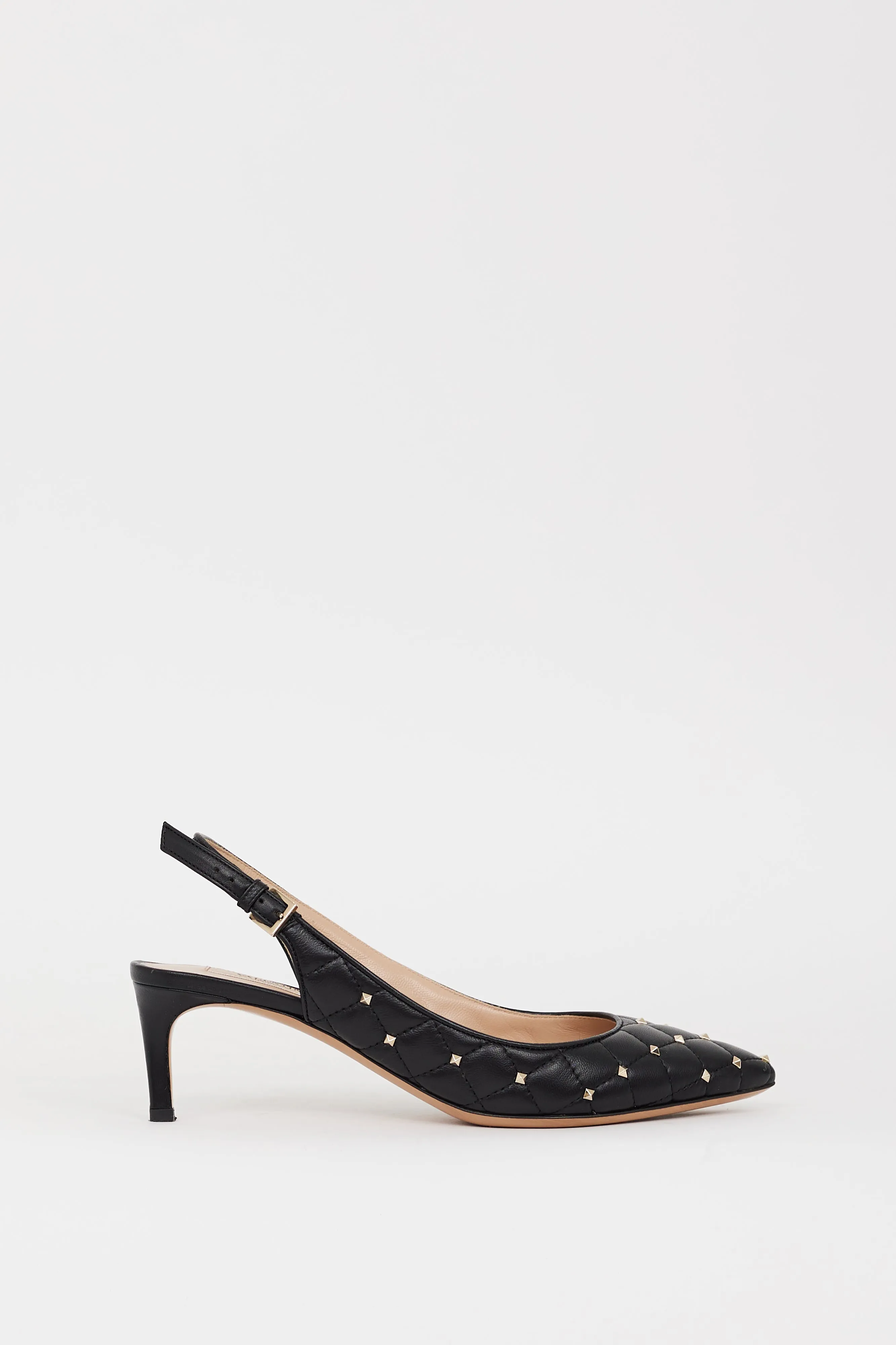 Black Quilted Leather Mini Rockstud Slingback Pump