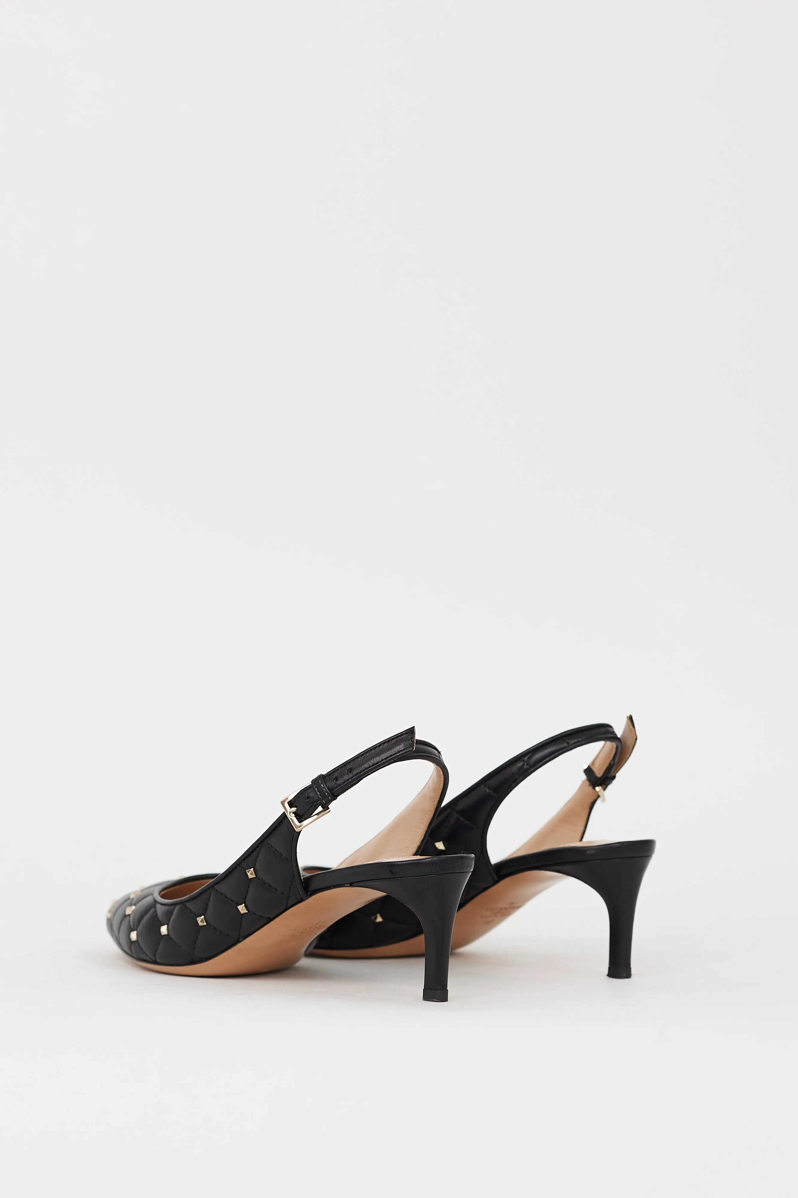 Black Quilted Leather Mini Rockstud Slingback Pump