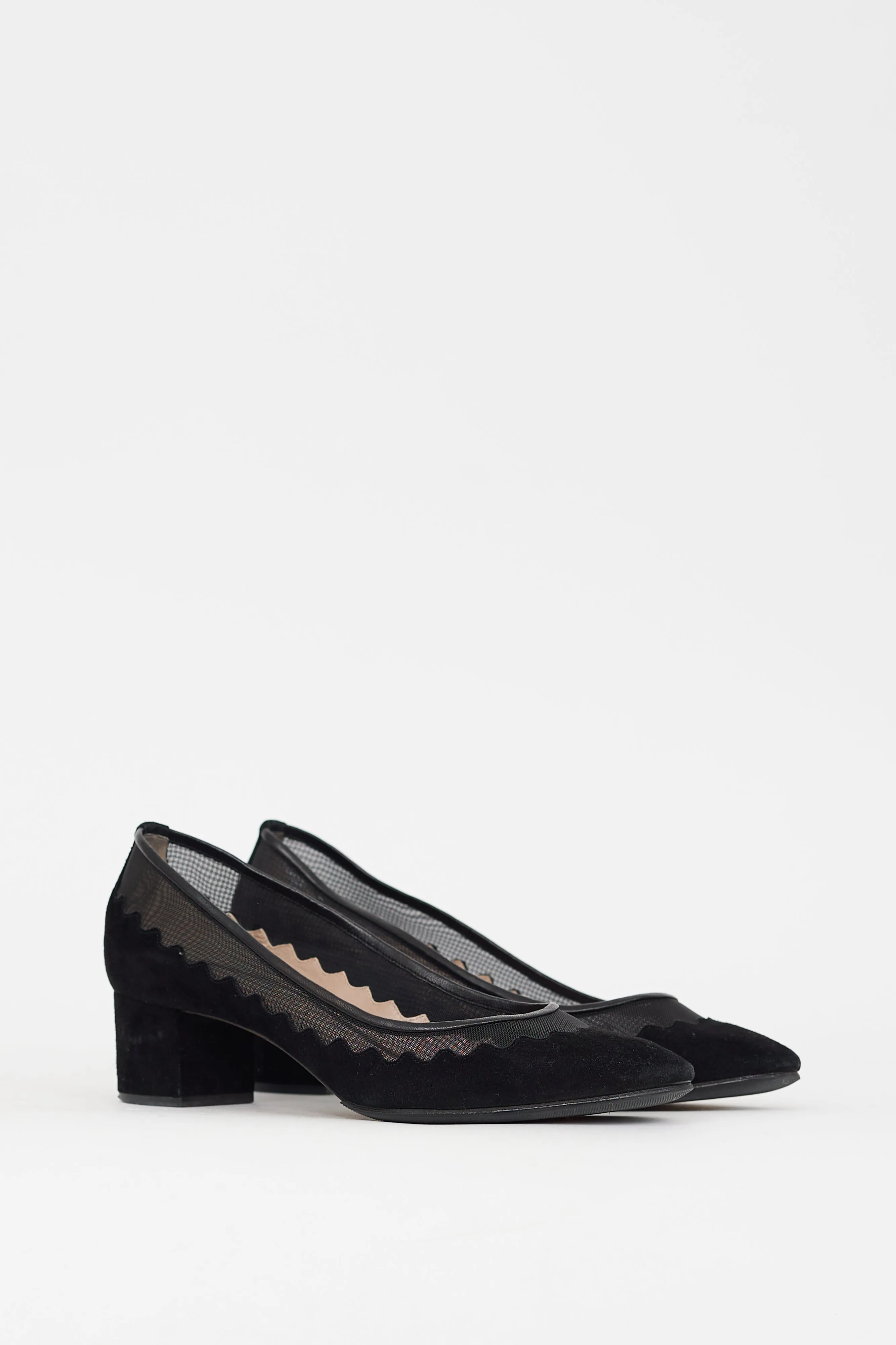 Black Suede & Mesh Scalloped Pump