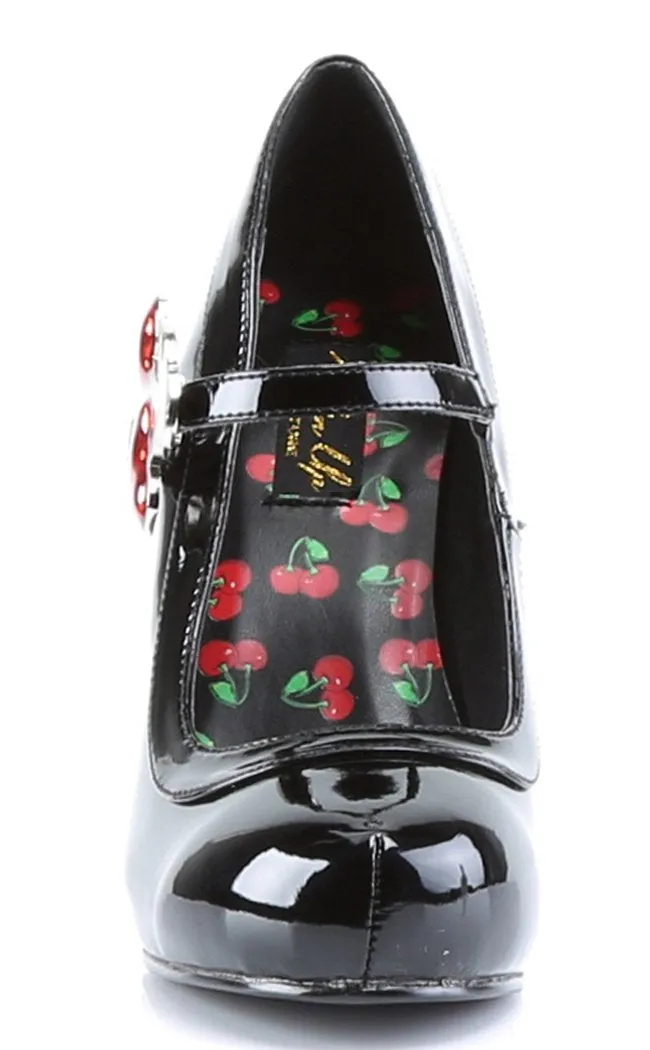 CUTIEPIE-10 Black Patent Heels With Cherries