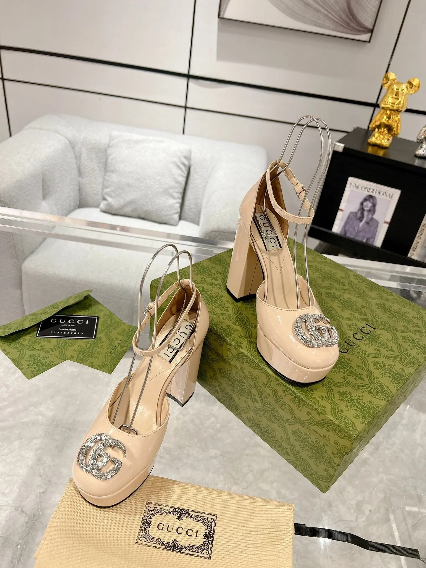 GG CRYSTALS PLATFORM PUMPS CREAM CALFSKIN