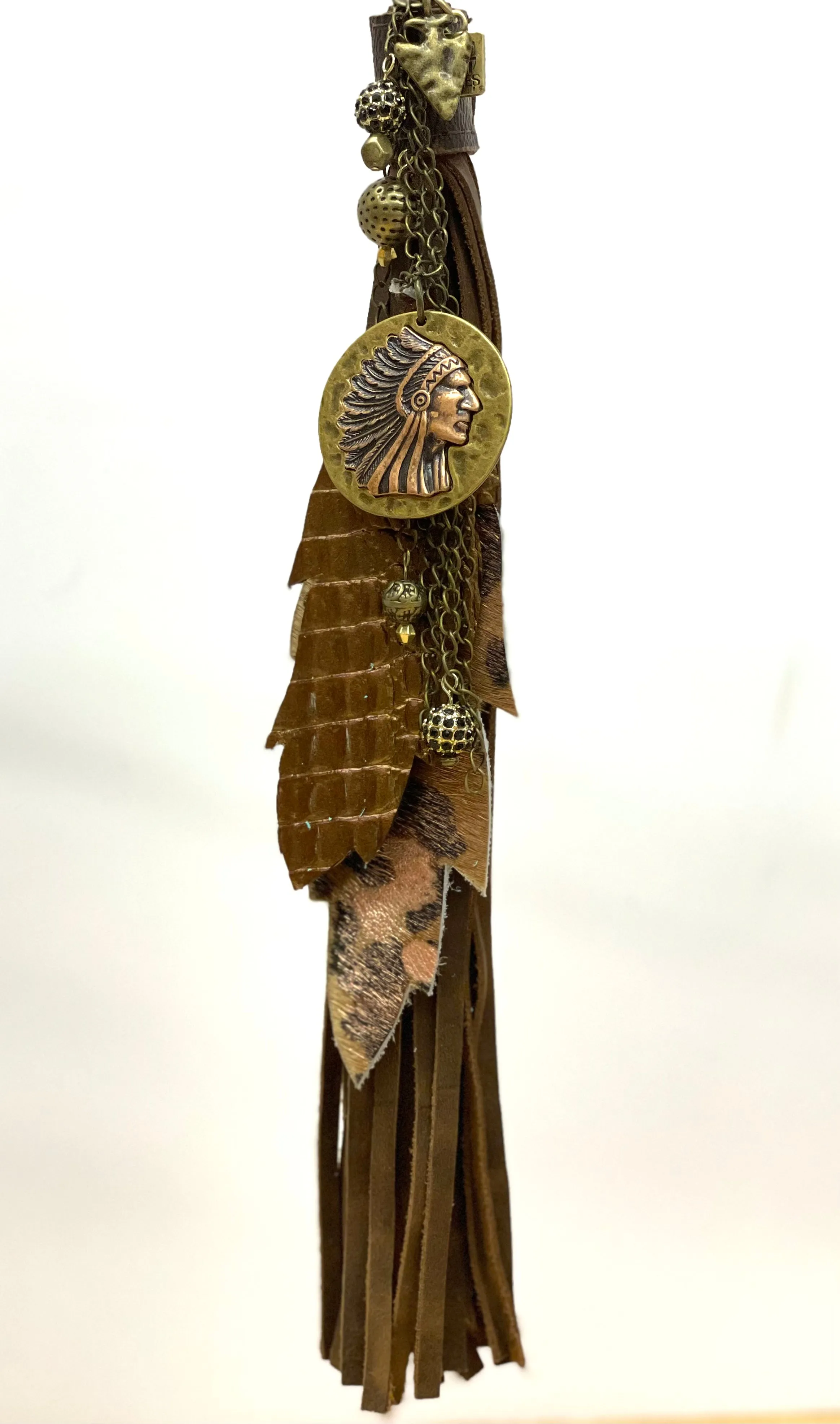 Long purse tassel -leopard and brown Croc feathers, antique Indian Chief pendant