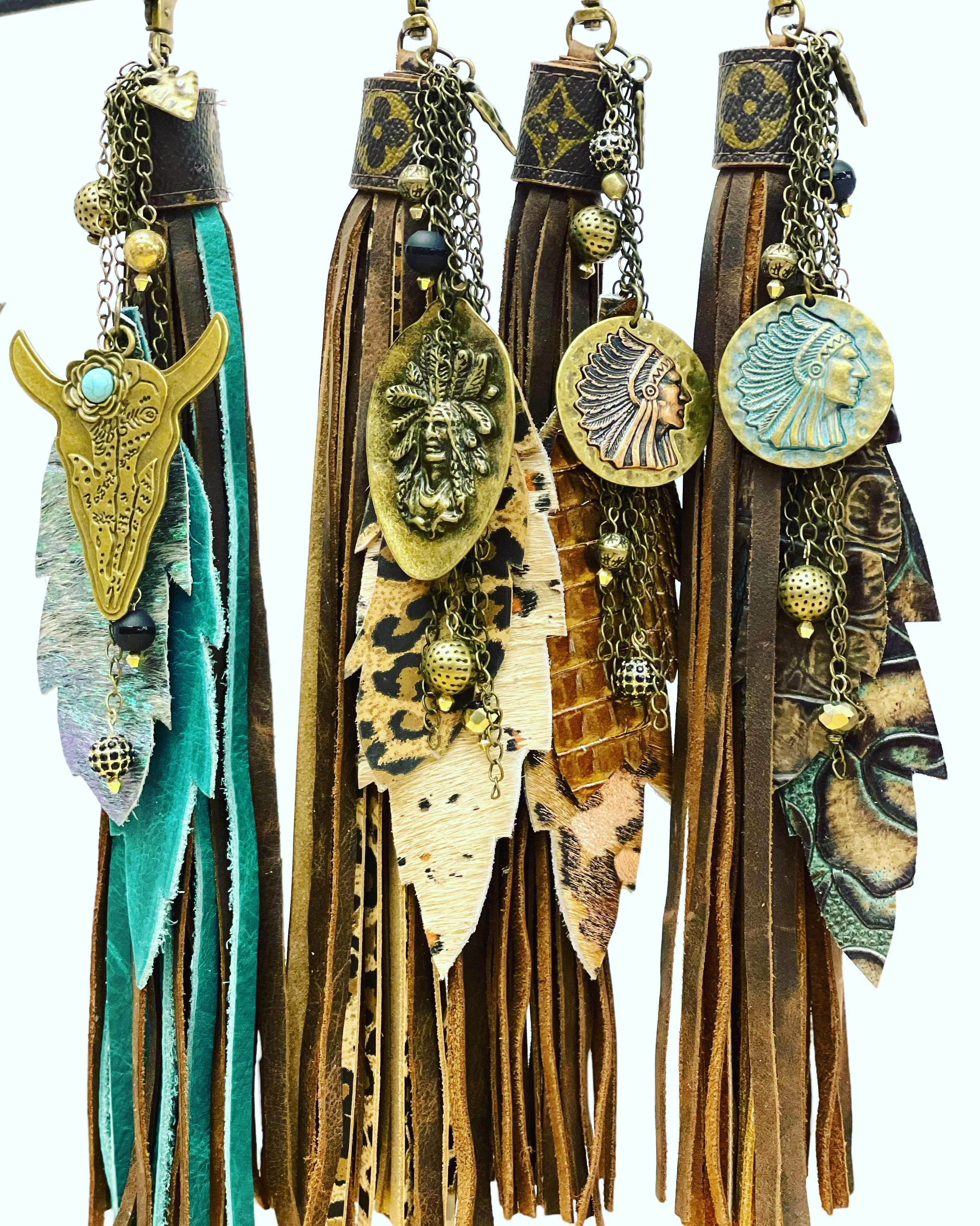 Long purse tassel -leopard and speckled feathers, antique Indian Chief spoon