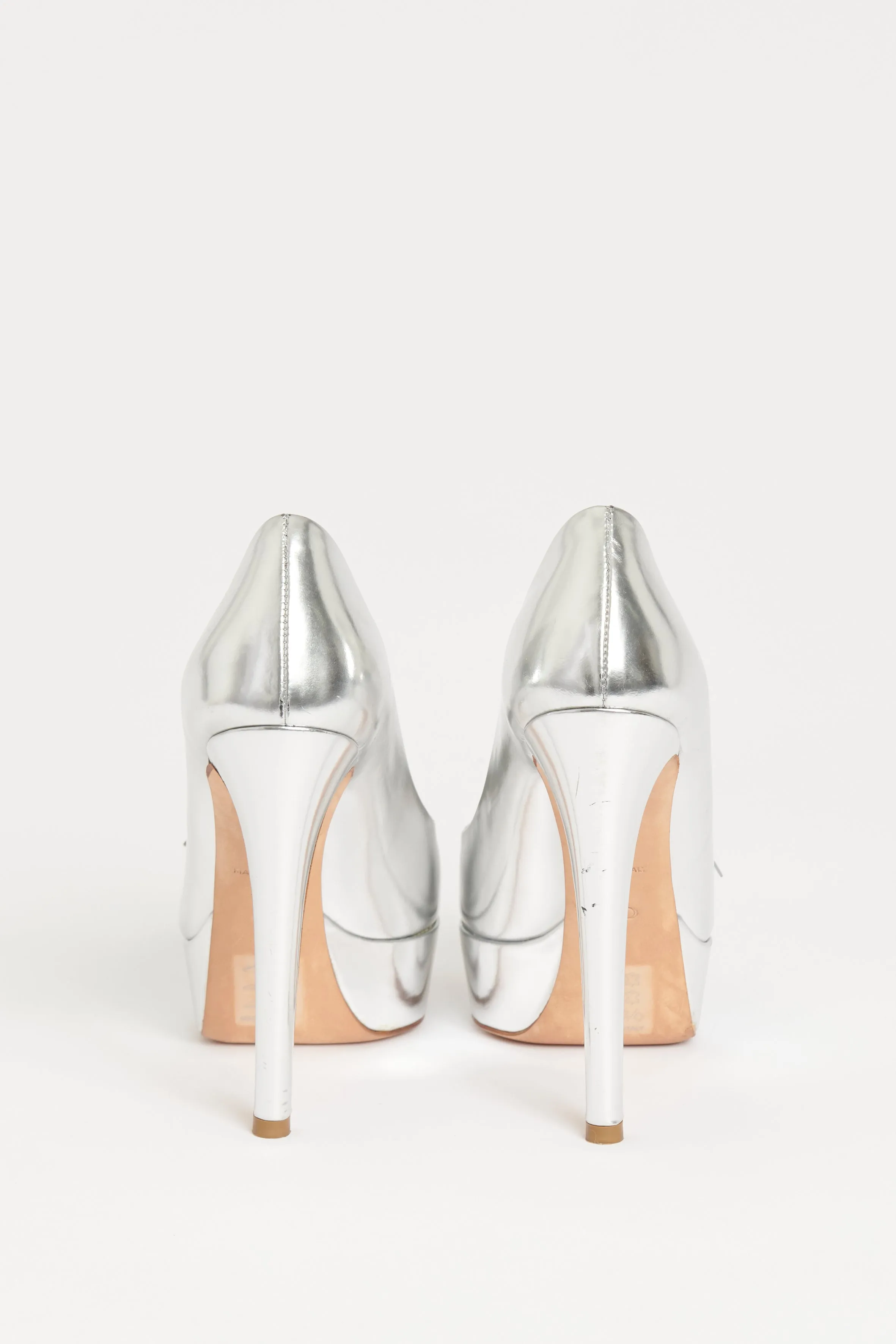 Silver Preowned Leather Peep Toe Pumps