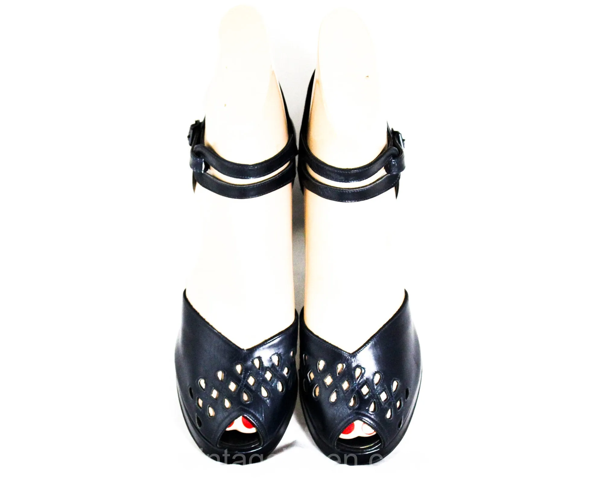 Size 5 1940s Peep Toe Shoes - Open Toe Navy Blue Leather Heels with Ribbon Candy Eyelet Cutwork - 40's Pin Up Pumps - 40s NOS Deadstock