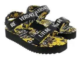 Versace Jeans Couture Black Gold Signature Print Platform Trek Sandals-