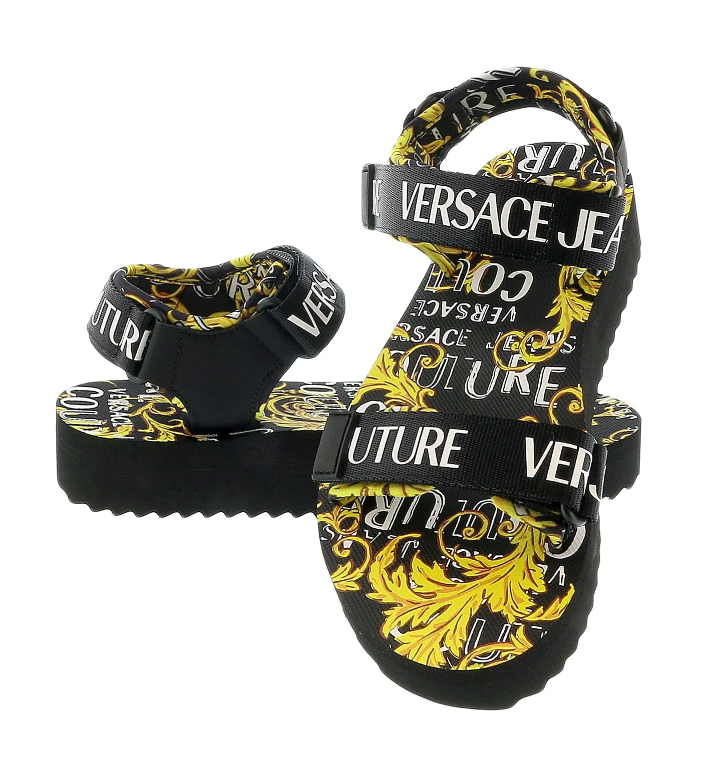 Versace Jeans Couture Black Gold Signature Print Platform Trek Sandals-