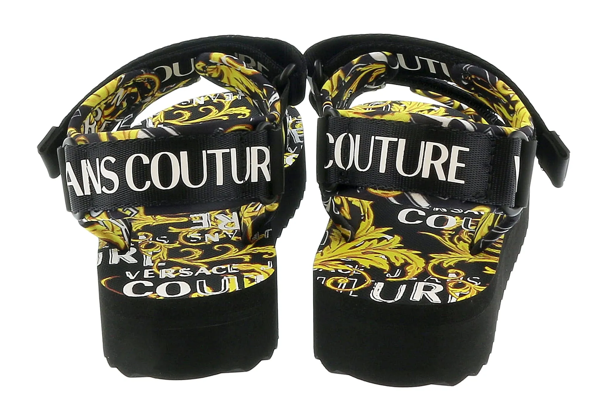 Versace Jeans Couture Black Gold Signature Print Platform Trek Sandals-