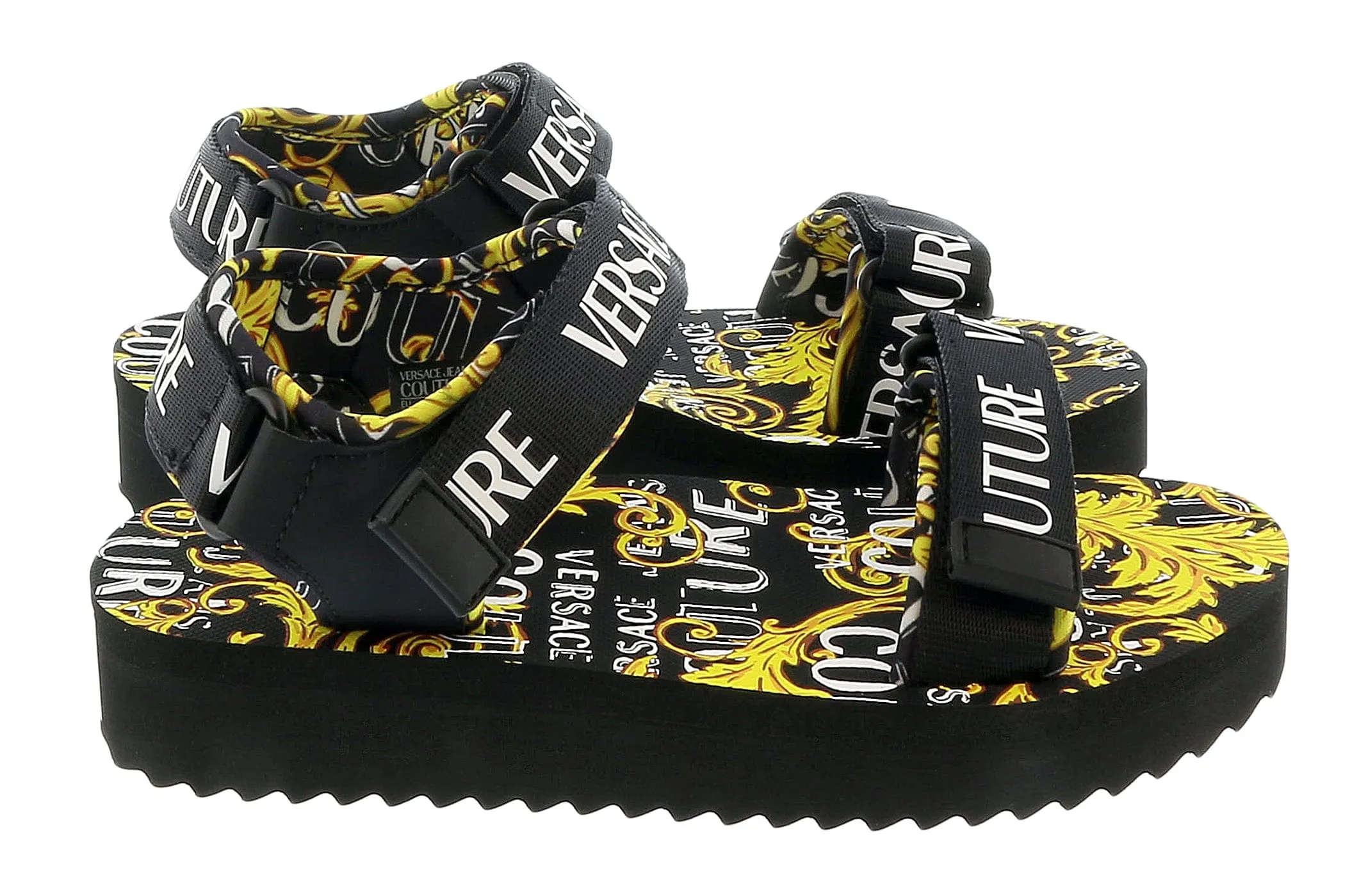 Versace Jeans Couture Black Gold Signature Print Platform Trek Sandals-